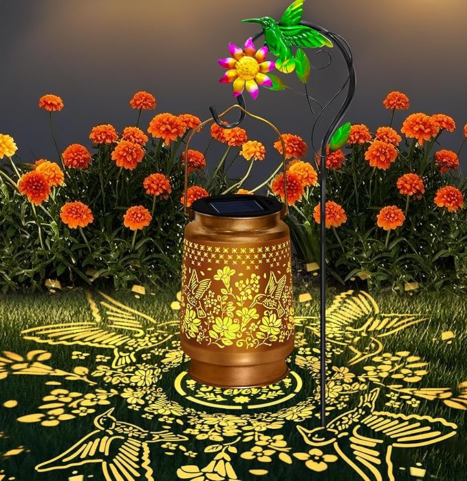 Hummingbird Solar Lanterns Outdoor Waterproof, Hanging Solar Lights Garden Lanterns with Shepherd Hook, Metal Garden Decor for Yard, Patio, Lawn, Landscape, Gifts for Women Mom Mothers Day Christmas