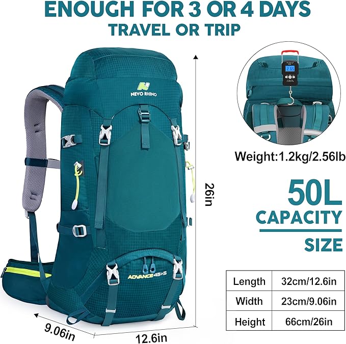 N NEVO RHINO Internal Frame Hiking Backpack 50/60/65/70/80L, Mountain Climbing Camping Backpack Daypack Waterproof Rain Cover