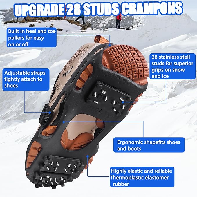 Ice Cleats Snow Traction Cleats for Boots and Shoes 28 Studs Ice Crampons for Walking on Snow and Ice Anti Slip Coershoe Rubber Ice Grippers Slip-on Stretch Footwaer