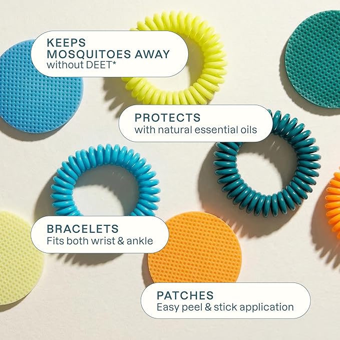 Cliganic Mosquito Repellent Bracelet Stickers Pack for Kids & Adults Multi Color, Natural DEET-Free, Essential Oil Infused 40 Bands with 60 Patches, Citronella Scent