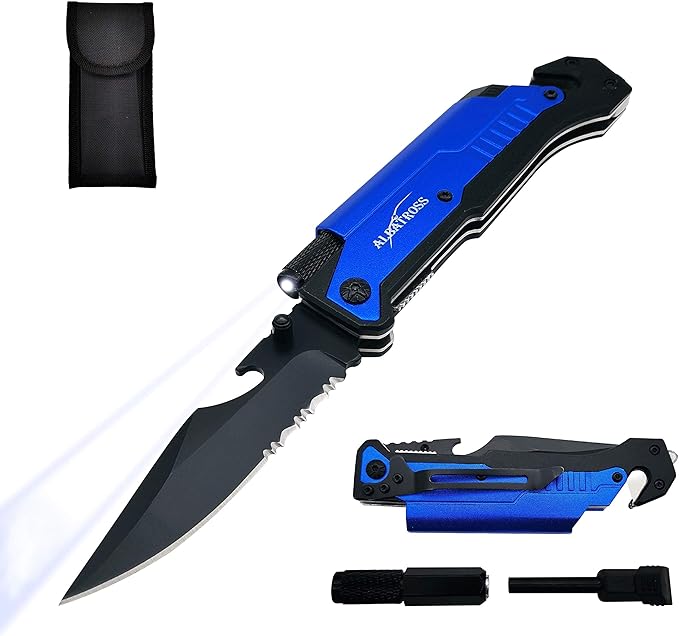 ALBATROSS 6-in-1 Survival Tactical Military Folding Pocket Knives with LED Light,Seatbelt Cutter,Glass Breaker,Magnesium Fire Starter,Bottle Opener;Multi-Function Emergency Tool(Blue)