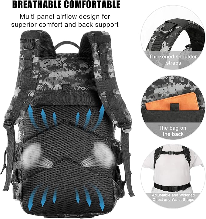 Military Tactical Backpack 25L Day Backpack for Men Molle Army 3 Days Assault Pack Bug Out Bag Water Resistant and Heavy Duty Hiking Treeking Rucksack - Black Digital Camo
