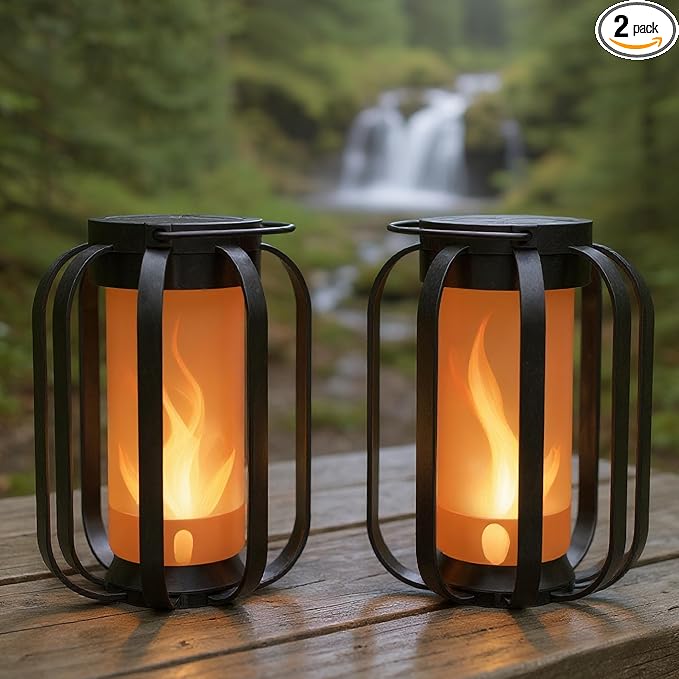 Modern Solar Lanterns Outdoor Waterproof - Patented Flickering LED Flame Effect, IP65 Waterproof, Matte Black Finish, Hanging Solar Lights for Outside for Patio, Garden, Porch, Outdoor Decor (2 Pack)