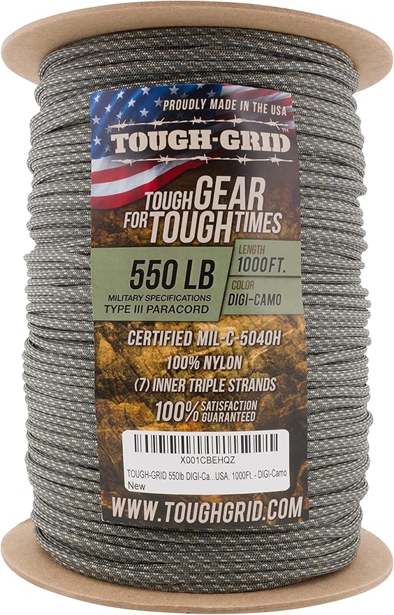 TOUGH-GRID 550 Paracord Rope Nylon Parachute Cord, Made in USA Survival Kit, Outdoor Adventures, Camping, Tactical Gear & Emergency Supplies, Military Type III Mil-Spec
