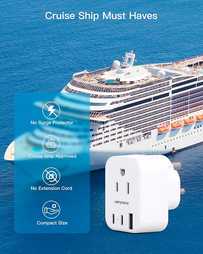 HANYCONY US to India Plug Adapter, Type D Travel Adapter with 3 Outlets 4 USB Ports(2 USB C), India Power Travel Adapter for USA to India, Bangladesh, Maldives, Pakistan