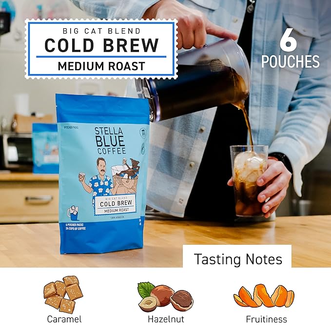 Stella Blue Cold Brew Coffee Packets, Big Cat Blend, Medium Roast Ground Coffee, Caramel, Hazelnut, and Sweet Fruity Finish, 100% Arabica, 6 Brew Packets, Makes 24 Bold Cups