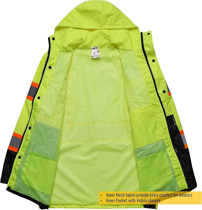 JKSafety Hi-Vis Reflective Safety Rain Jacket and Pants for Men Women Waterproof Rain Gears for Farming Fishing Work HV Rain Suit with Inner Mesh Lining and Pockets (117-Yellow M)