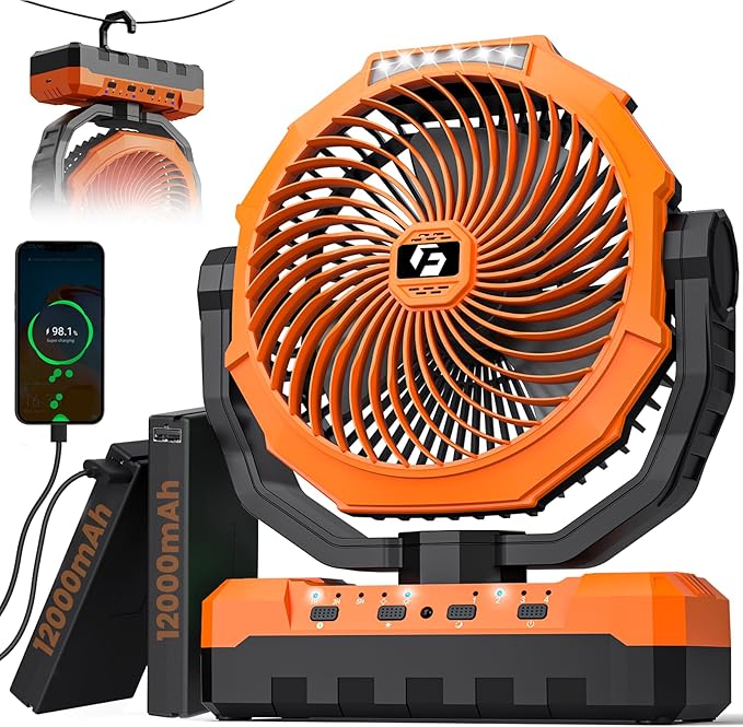 24000mAh Camping Fan - Detachable Rechargeable Battery Operated Fan with Light & Hook for Tent, Outdoor - USB Table Fan with 4 Speeds for Picnic, BBQ, Fishing, Travel, Hurricane