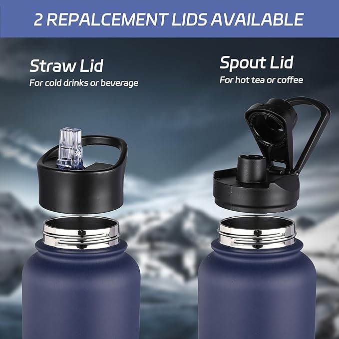 HASLE OUTFITTERS 40oz Stainless Steel Water Bottle, Vacuum Insulated Double Walled Leak Proof Sports Water Bottle with 2 Lids (Straw and Spout Lid) Thermo Mug Keep Cold and Hot(Navy,4）