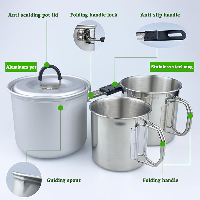 Foldable Camping Pot and Camping Mugs 3Pcs Set Camping Cookware Mess Kit for Backpacking Gear 750ml Pot and 550ml/350ml Cup Lightweight Folding Cooking Set Camping Coffee Pot