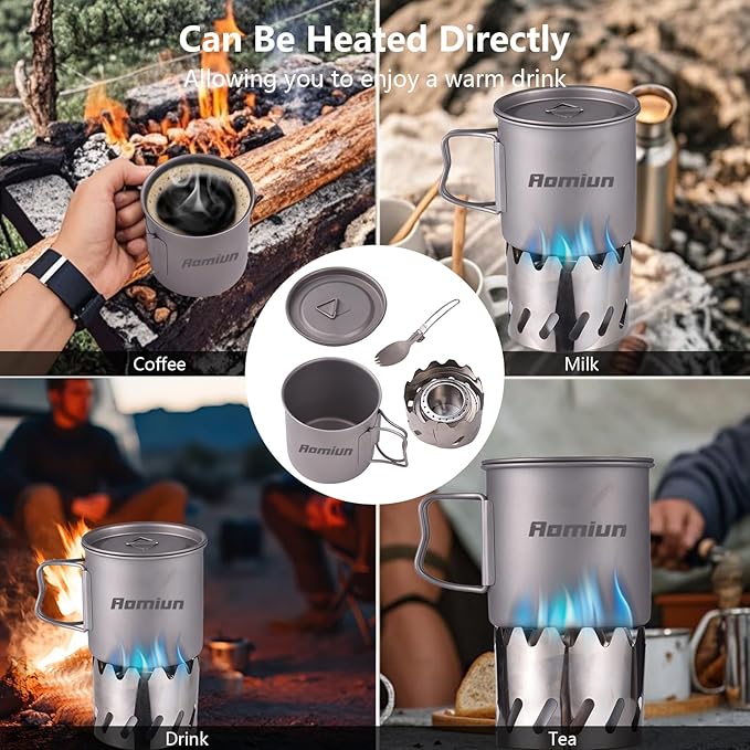 Titanium Camping Cookware Cup/Burner Combination 500ml Titanium Cup with Foldable Handle & Lid Spork Spoon Alcohol Stove Windscreen, Camping Cooking Stove and Cup Set for Backpacking