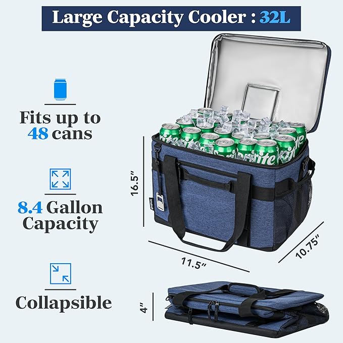 OPUX Cooler Bag, 48 Cans Insulated Soft Collapsible Portable Cooler, Soft Sided Leakproof Cooler for Beach Camping with Shoulder Strap, Ice Chest for Travel Road Trip Picnic, Navy Blue