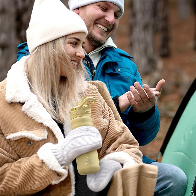 IDEUS Insulated Stainless Steel Water Bottle with 2 Leak-Proof Lids, Thermal Water Flask for Hiking Biking, 24oz, Light Yellow