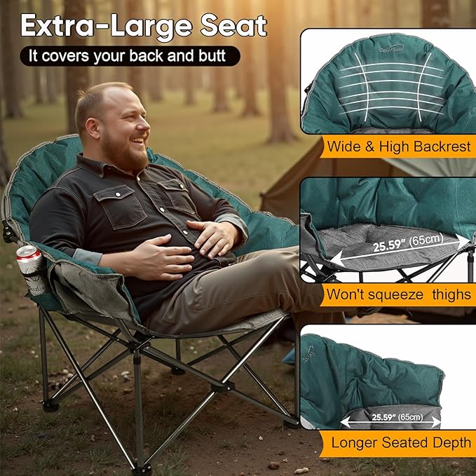 Colorsoul Oversized Camping Chairs Heavy Duty, Full Padded Foldable Camping Chairs for Adults with Cup Holders, Portable Camp Lawn Chairs for Outdoor, Support 450lbs,Green