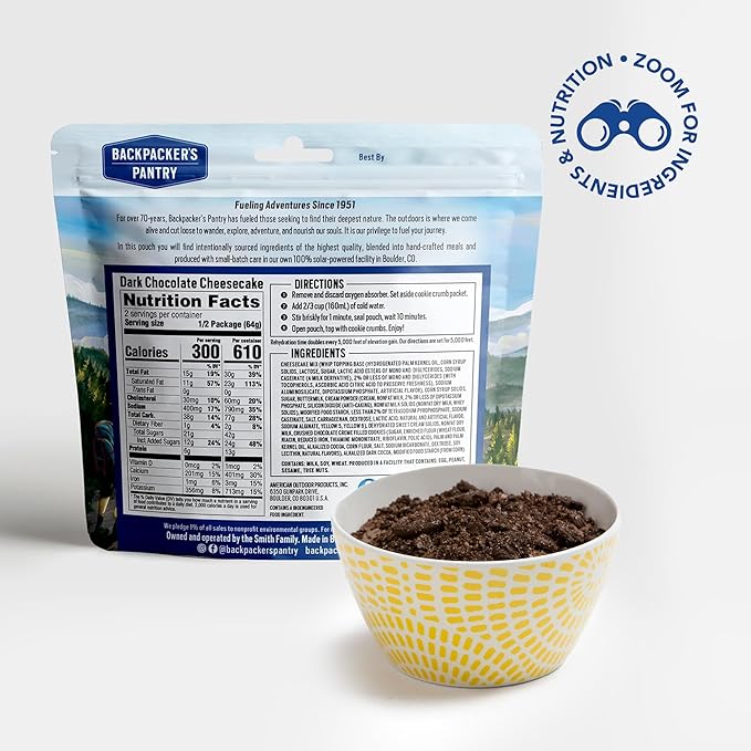 Backpacker's Pantry Dark Chocolate Cheesecake Mix, 2 Servings Per Pouch (6 Count), Freeze Dried Food, 6 Grams of Protein, Vegetarian