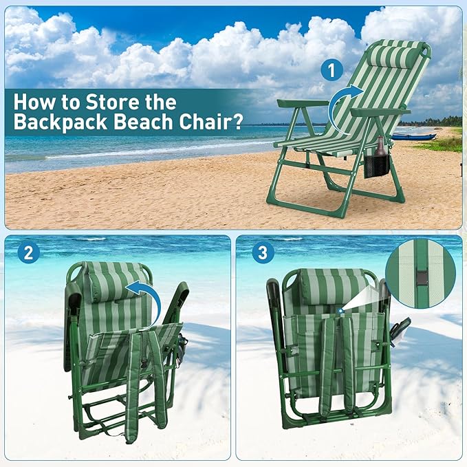 Suteck Backpack Beach Chair for Adults - 6-Position Folding Reclining Chair with Cooler Bag & Cup Holder, Lightweight Portable Beach Chair for Camping, Outdoor, Sand, Travel Use