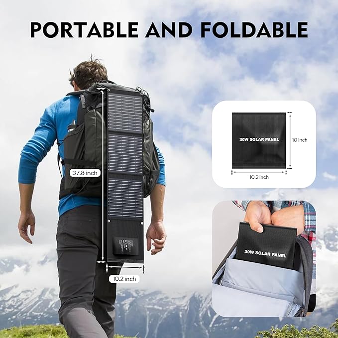 30W Solar Charger,Solar Panel USB for Camping, Hiking, and Outdoor Activities, Compact and Lightweight, IPX4 Waterproof, Charging Multiple Devices with Double Fast Charging Ports