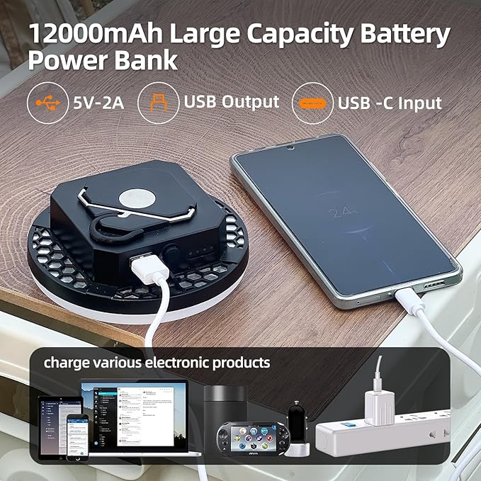 10000mAh Rechargeable Tent Light 3 Color Lighting Modes, 4000LM LED Portable Camping Lantern, IPX5 Waterproof, 30W Hanging Tent Light with Magnet, for Emergency & Gift