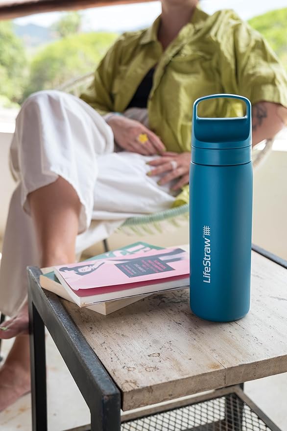 LifeStraw Go Series – Insulated Stainless Steel Water Filter Bottle for Travel and Everyday Use, Removes Bacteria, Parasites and Microplastics, Improves Taste, 18oz Laguna Teal