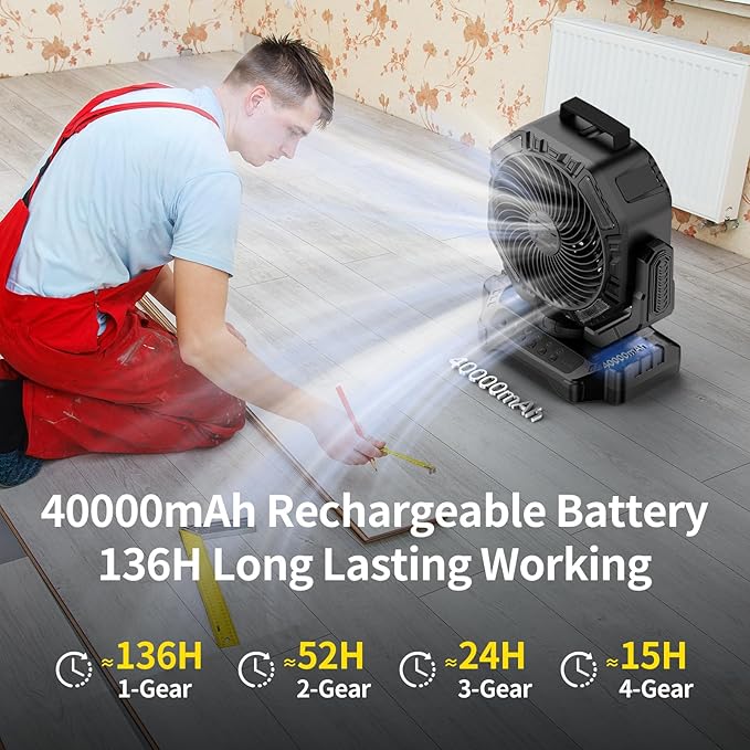 Socool 40000mAh Camping Fan Rechargeable, Battery Operated Portable Outdoor Fan Remote, 136Hrs & 4-Speed Cordless Oscillating, Table Fan with Light & Timer for Tent RV Jobsite Hurricane Power Outage