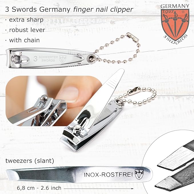 3 Swords Germany - Brand Quality 6 piece Manicure Pedicure Grooming kit Set - Scissors, Metal and Glass Nail File, Clipper, Tweezers with Synthetic Leather case - Chequered