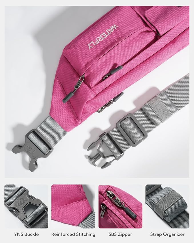 WATERFLY Small Crossbody Fanny Pack: 5 Pocket Slim Lightweight Waist Belt Hip Bag for Women Men Water Resistant Chest Pouch for Travel Hiking Running Walking Fit All Phones - Pink