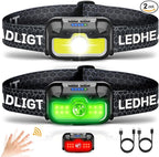 Headlamp Rechargeable 2 Pack, 1300 Lumen Ultra-Bright Head Lamp with Red Light, Waterproof Motion Sensor Head Lights for Forehead with White Green, 14 Modes Adjustable Headlight for Camping