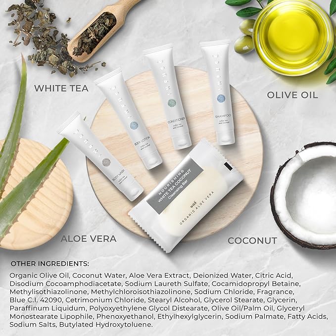 Infuse Pure White Tea and Coconut Hotel Soaps and Toiletries Bulk Set | 1-Shoppe All-In-Kit for Airbnb | 1oz Shampoo & Conditioner, Body Wash, Lotion & 1.25oz Bar Soap | Travel Size 150 Pieces