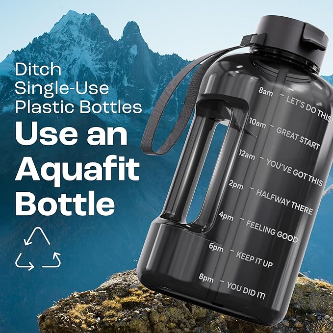 AQUAFIT Half Gallon Water Bottle with Time Marker - Straw & Chug Lid - BPA Free Gym Water Bottle with Straw - Big Gallon Jug (Gray, 64 oz - 2 Lids)