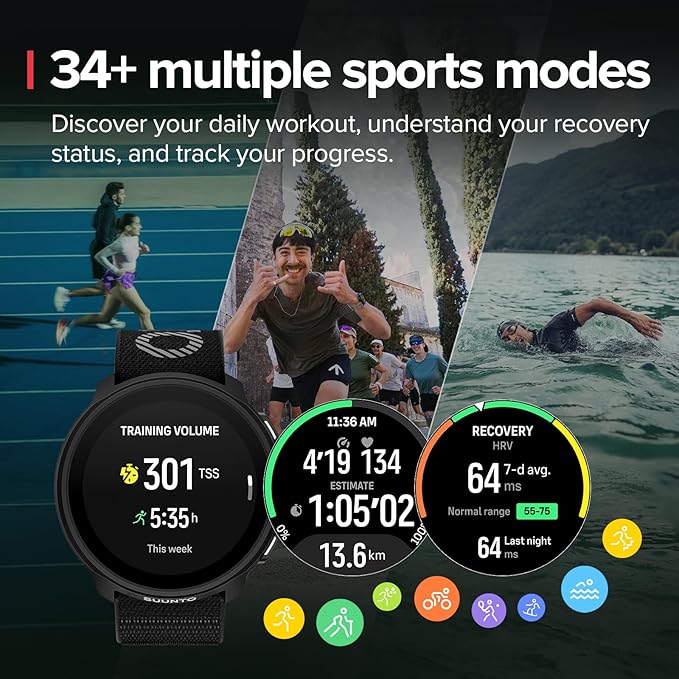 SUUNTO Run Sports Watch, 1.32" AMOLED Touchscreen w/Crown Button, 12D Battery Life, Dualband Accurate GPS, Wrist Heart-Rate & Sleep Health Tracking, 35g Lightweight & 4GB Offline Music, All Black