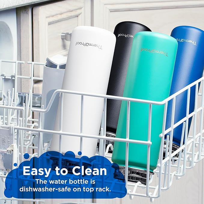 ThermoProof Double-Walled Vacuum Insulated Stainless Steel Water Bottle - Wide Mouth with Chug & Spout Lids, Dishwasher Safe, Reusable, Leakproof, Hot & Cold for Men, Women & Kids - 22oz, Black