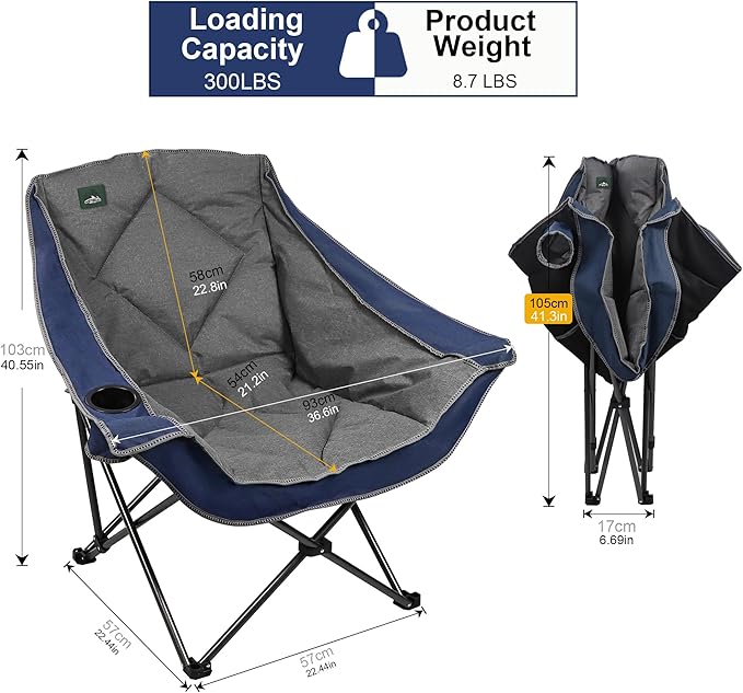 Northroad Oversized Foldable Camping Chair, Outdoor Padded Lawn Chair w/Cup Holder,Carry Bag for Beach, Hiking, and Picnics,Heavy-Duty 300-lbs Capacity, Blue