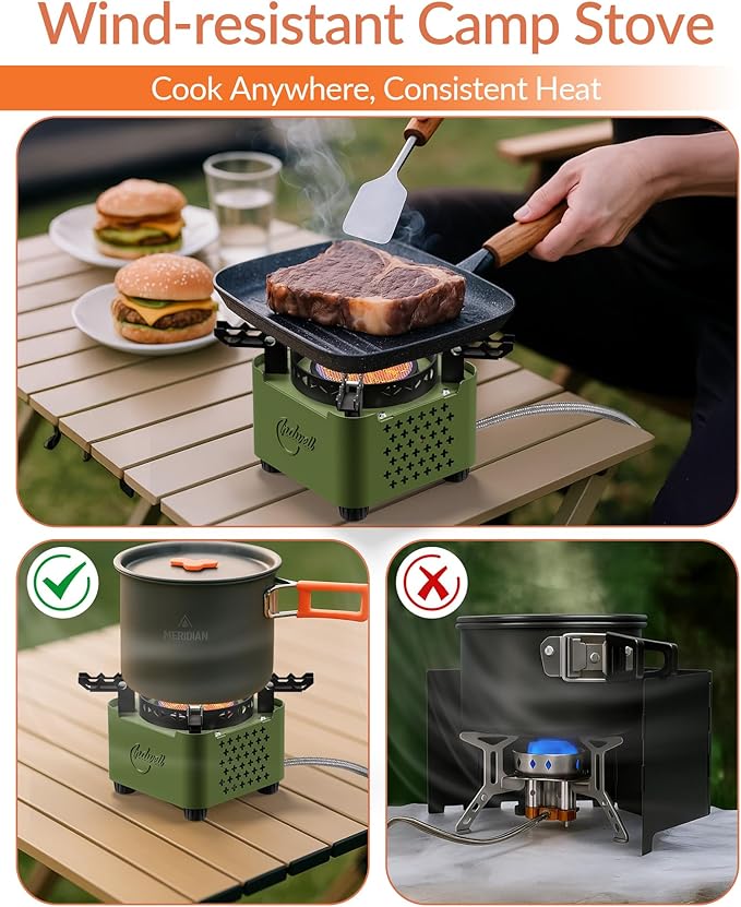 Indwell Camping Stove with Infrared Burner, Single Burner Propane Stove Ultra-Thin Design Adjustable Flame Control Wind-Resistant Portable Gas Cooker for Camping Hiking Outdoor Cooking