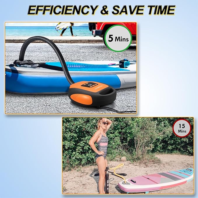 Paddle Board Pump Electric Portable, SUP Pump for Paddleboard, 20PSI Air Compressor with Auto-Off, Deflation Function and 12V DC Car Connector for Inflatables, Kayaks and Boats