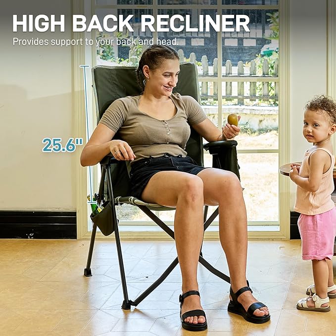 EVER ADVANCED Reclining Camping Chairs for Adult Lightweight, Folding Recliner Chair with Adjustable Back, 4-Level Lounge Chairs, Portable Lawn Chairs for Patio Balcony, Supports 350lbs Green