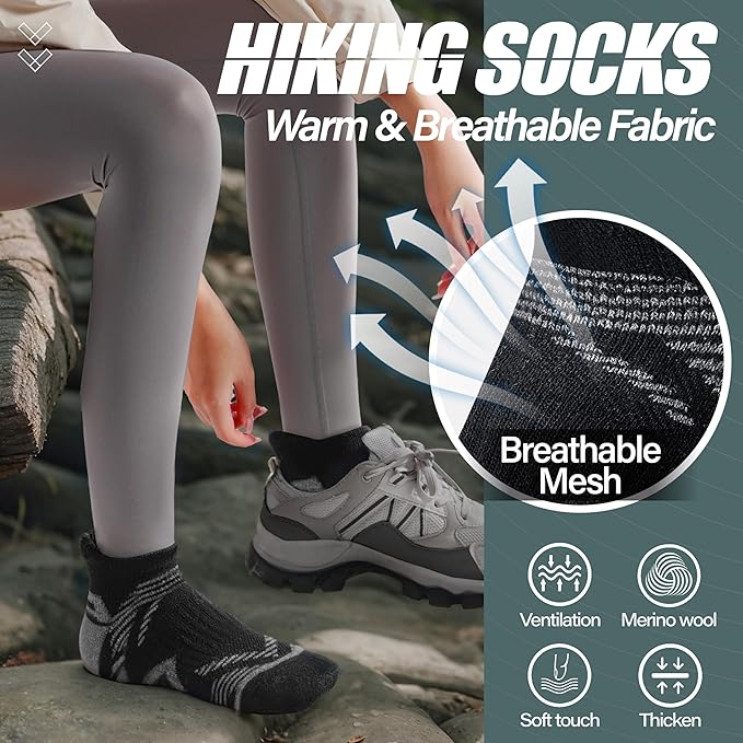 ANTSANG 6 Pairs Merino Wool Ankle Hiking Running Socks Compression Thick Cushion Breathable No Show Socks for Men Women