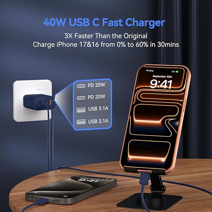 USB C Wall Fast Charger Block, 40W 4-Port Type C Charger Fast Charging Blocks PD Power Charger Adapter+QC 3.0 USB Multiport Charger Brick for Phone 17/16/15/14/13/12 Pro Max, Pad, GalaxyS25-Deep Blue