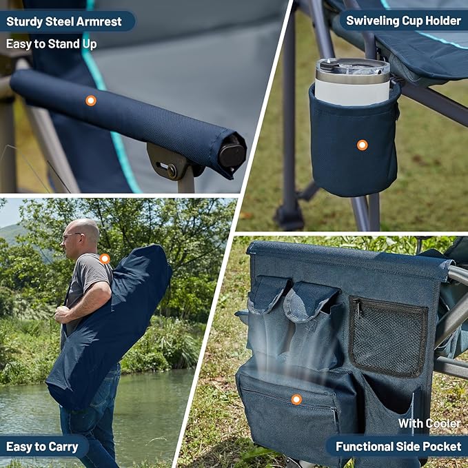 TIMBER RIDGE Oversized Folding Camping Chair with Lumbar Support Adjustable High Back Heavy Duty for Adults Support up to 500lbs with Cup Holder, Cooler Bag, Side Pocket, Blue 2Pcs
