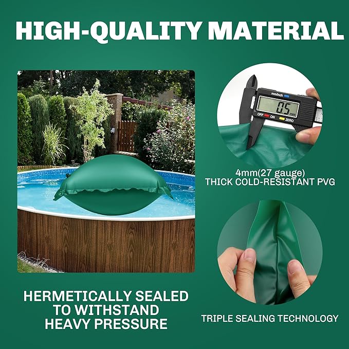 3 Pack Pool Pillow for Above Ground Pools, 4x4 Ft Air Pillow for Closing Winter Winterizing Kit, 0.5mm PVC Material, 2X 16.5Ft Rope (Green)