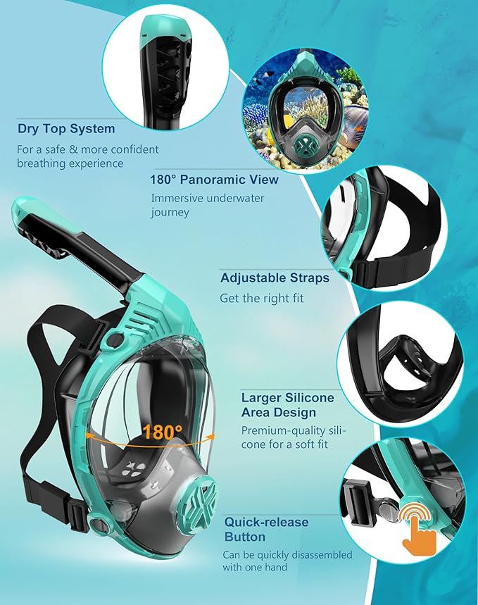 Full Face Snorkel Mask- Snorkeling Gear for Adults with Safe Dry Top Breathing System, Latest Foldable Panoramic View Snorkeling Mask for Men and Women, Anti Fog Anti Leak
