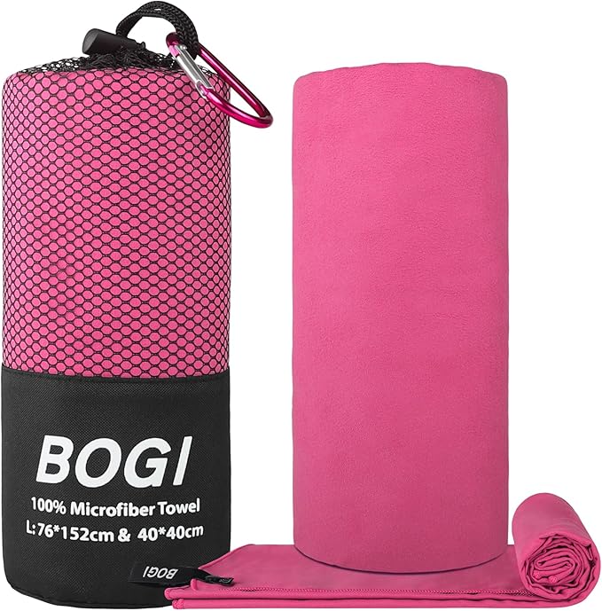 BOGI Microfiber Travel Sports Towel-Quick Dry Towel, Soft Lightweight Microfiber Camping Towel Absorbent Compact Travel Towel for Camping Gym Yoga Swimming Backpacking (L:60''x30''+16''x16''-Hpink)