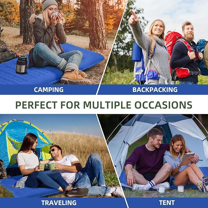 Double Sleeping Pad Camping, Self Inflating 6'' Extra-Thick 2 Person Pillow Built-in Foot Pump Waterproof Inflatable Sleeping Mat Backpacking, Tent, Hiking, Portable Camping Pad