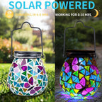 Afirst Mosaic Solar Lanterns - Glass Hanging Lights Butterfly Hollow Out Waterproof Outdoor Decorative for Garden, Patio, Holiday Party Outdoor Decoration, 1 Pack