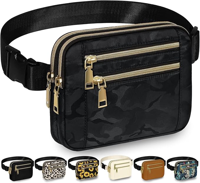 Capolo Fanny Packs for Women Fashion Waist Packs Bag with Adjustable Strap and 4 Zipper Pockets Waterproof Everywhere Crossbody Belt Bag for Workout Running Travelling(Black Camo, Large)