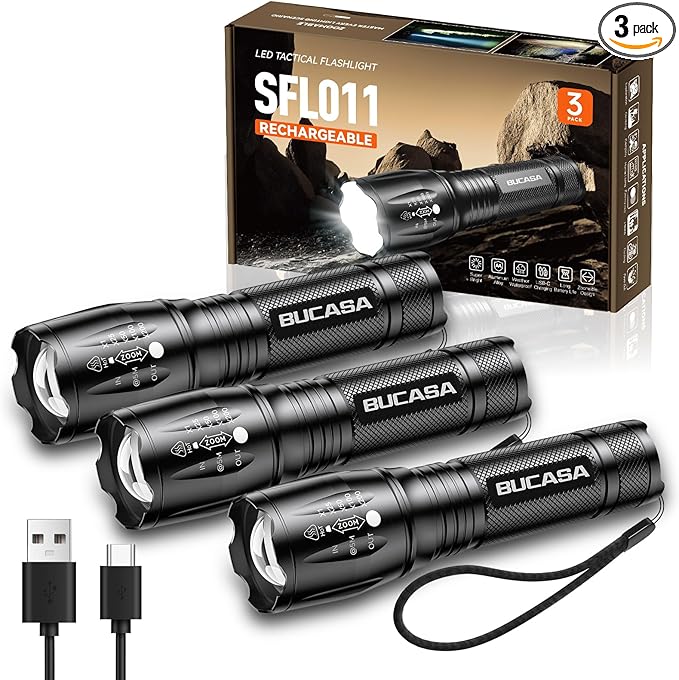 Rechargeable Flashlights High Lumens 3 Pack, Brighter Small Flashlight Powerful Tactical Flashlights Rechargeable, Waterproof LED Flashlight with 3 Modes Zoomable for Camping Emergency