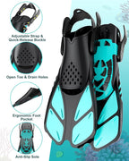 Mask Fins Snorkeling Gear for Adults, Full Face Snorkel Mask & Adjustable Swim Fins Snorkel Set, Panoramic View Snorkel Mask Dry Top Anti-Fog Anti-Leak