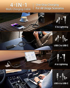 SHEZI 4-in-1 [Upgraded] USB C Cable 10FT Compatible with Lightning Cable 90 Degree, Long Fast Charging Flat Nylon Braided for iPhone 16/15 Charger Cord, Multi Charging Combo with L/USB C/USB A Ports