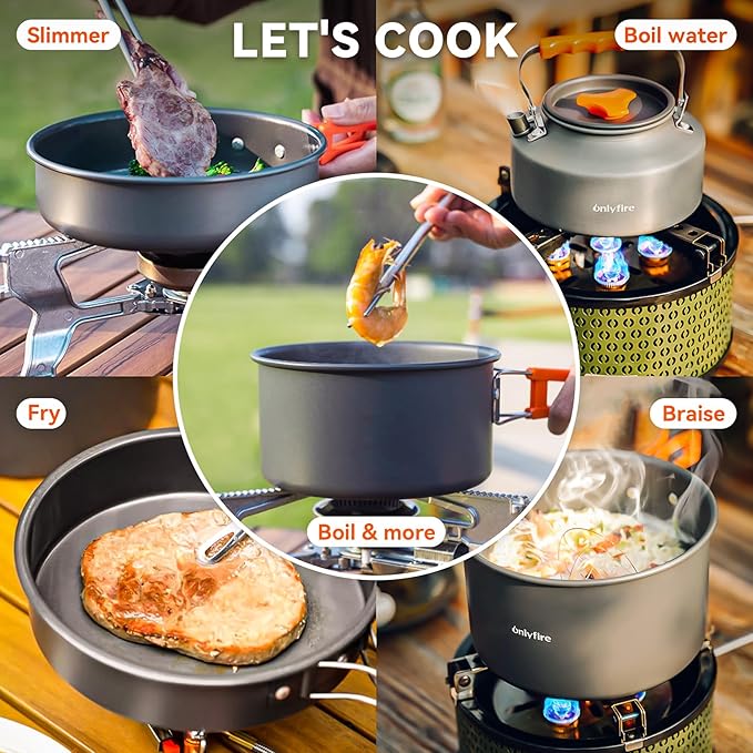 Onlyfire 14pcs Camping Cookware Mess Kit, Non-Stick Lightweight Pot Pan Kettle Set with Plates Forks Knives Spoons for Camping, Backpacking, Outdoor Cooking and Picnic CT604