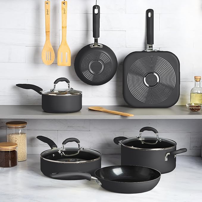 Goodful Ceramic Nonstick Pots and Pans Set, Premium Ceramic Coating Made without PFOA, PTFE or PFAS, Dishwasher Safe, 12-Piece, Charcoal Gray