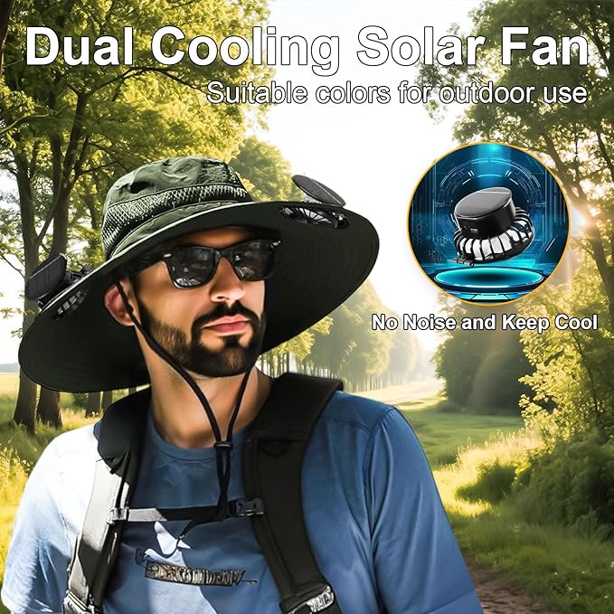Outdoor Wide Brim Sun Hat with 2 Solar Fan for Men Women UPF50+ Outdoor Hiking Sun Protection Bucket Fishing&Cycling Hat